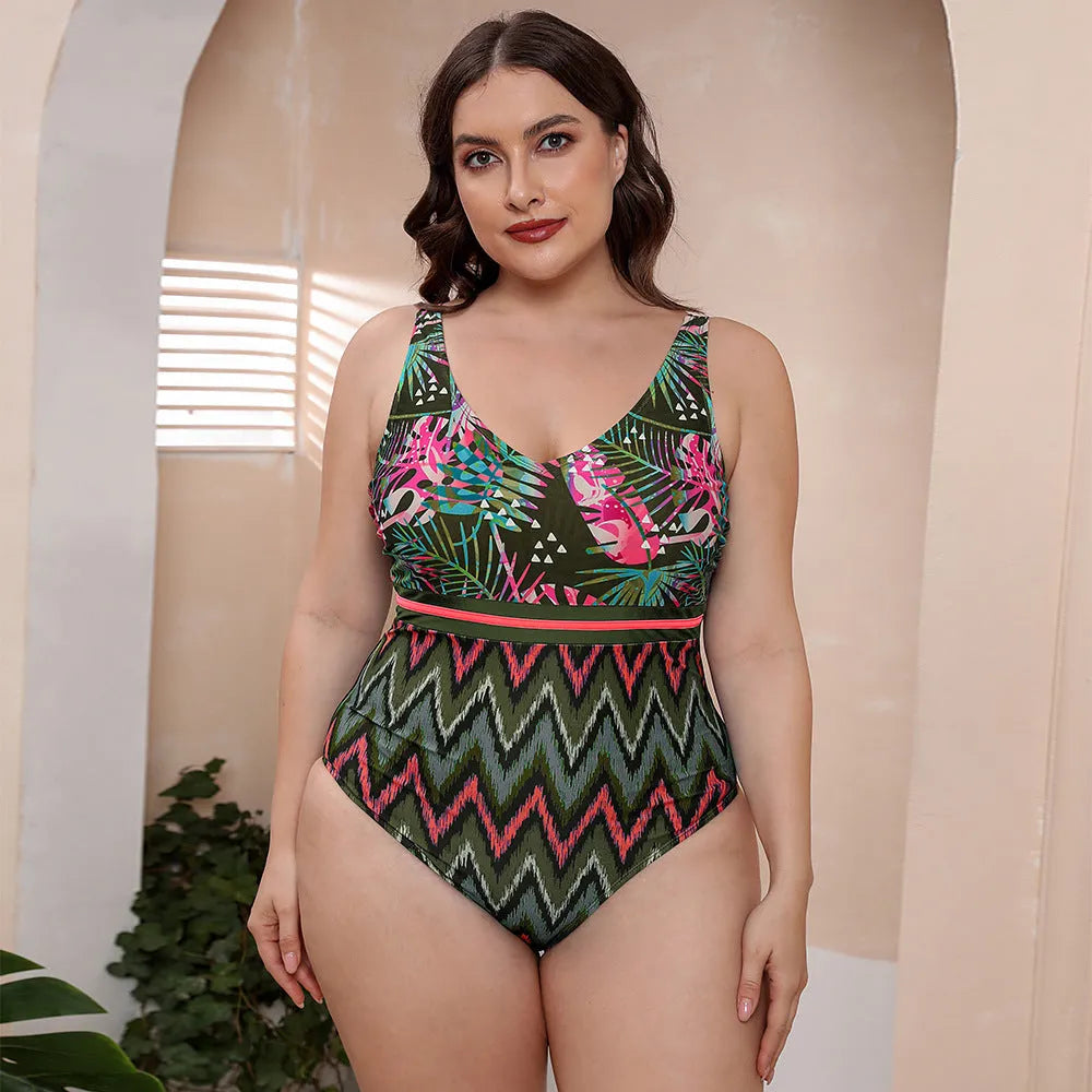 Women's blue printed one-piece swimsuit with spaghetti straps and striped vest design for swimming