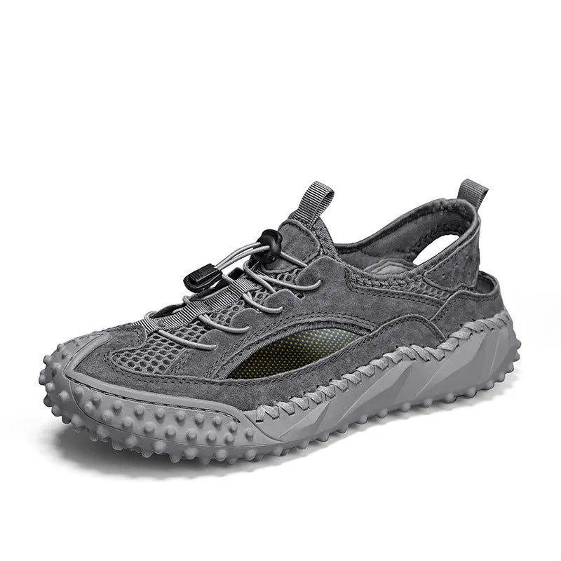 Men's black sports sandals with elastic band closure and rubber sole for outdoor waterproof activities