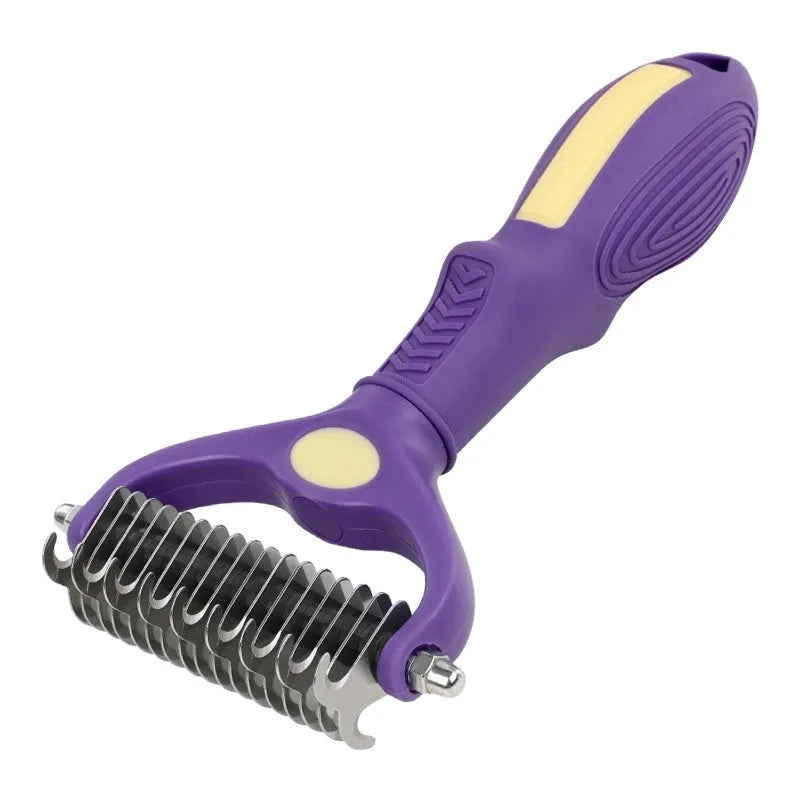 Purple plastic dual-sided pet comb for detangling dog and cat fur knots