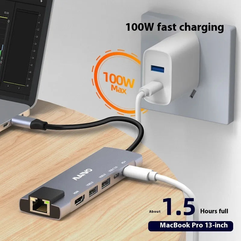 Steam Deck six-in-one aluminium docking station with Type-C cable, HDMI, USB, and Ethernet ports.