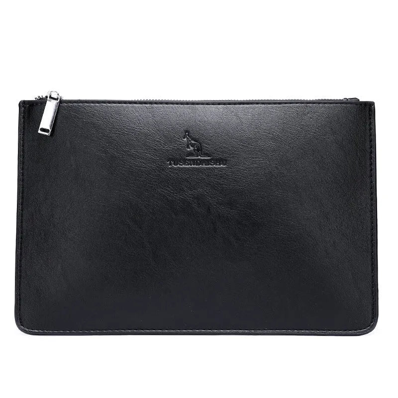 Men's black checkered PU leather business clutch wallet showing card slots and zipper pocket