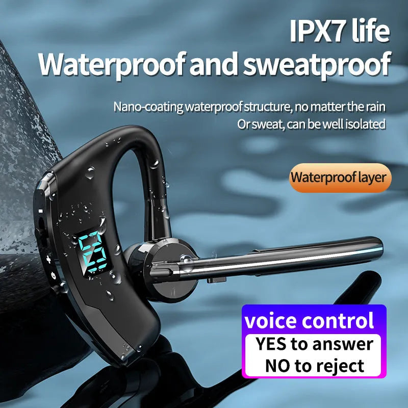 V8S Black single-ear wireless Bluetooth headset with digital power display and voice control for driving