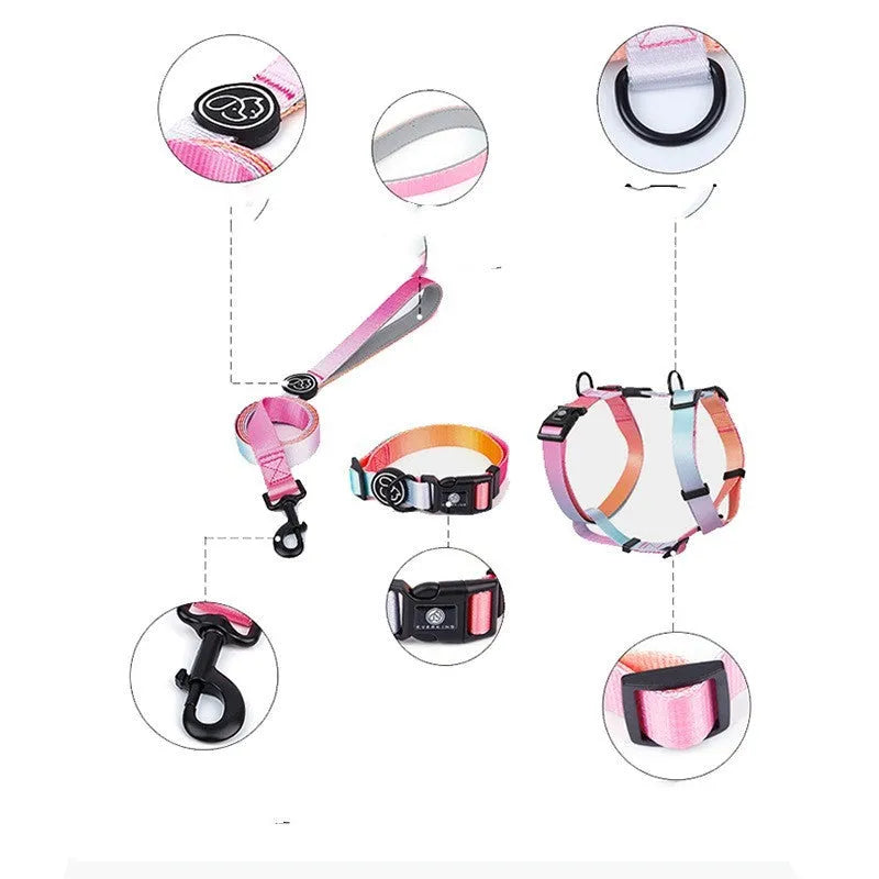Gradient colour pet walking chest strap in polyester with scenic design and adjustable sizing