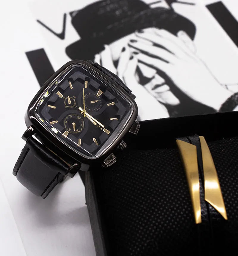 Men's black quartz watch set with imitation leather strap and pin buckle in two-piece box