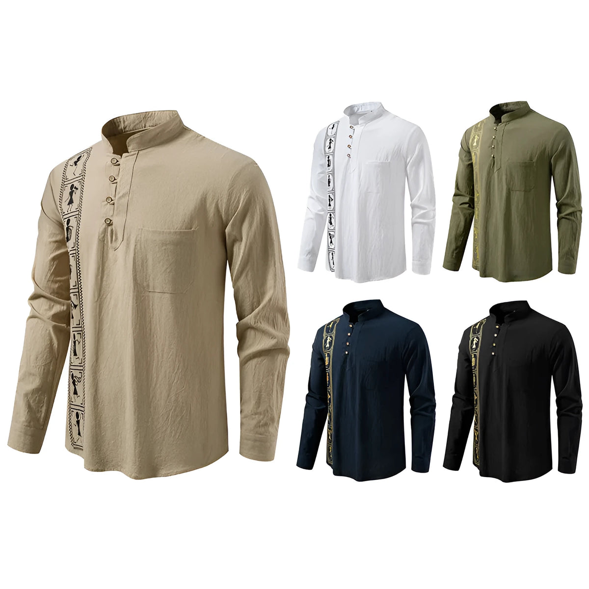 Men's solid colour polyester shirt in white, black, khaki, army green, or navy blue, slim fit pullover style.
