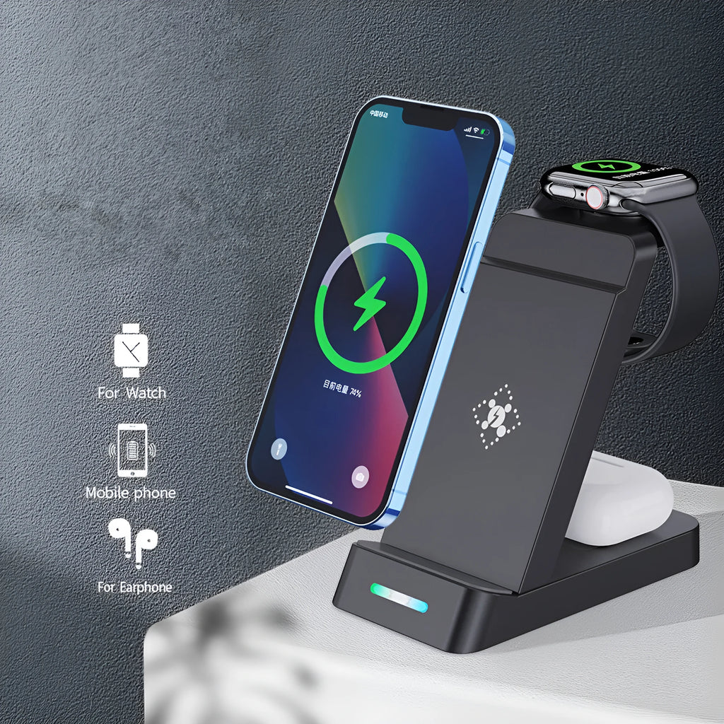 Black or white 3-in-1 wireless fast charging station for phone, AirPods, and Apple Watch on a desk.