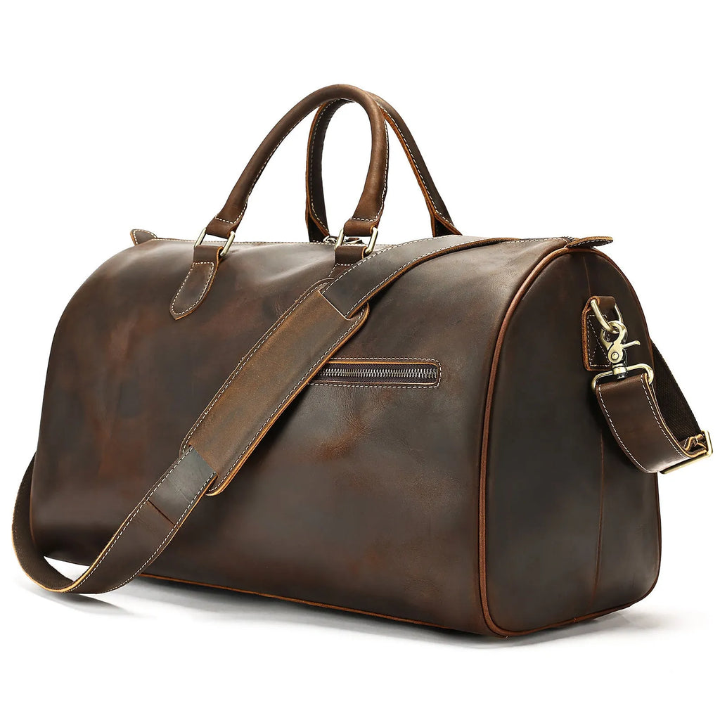 Genuine leather vintage crossbody bag showing 48.3cm width large capacity interior with polyester cotton lining