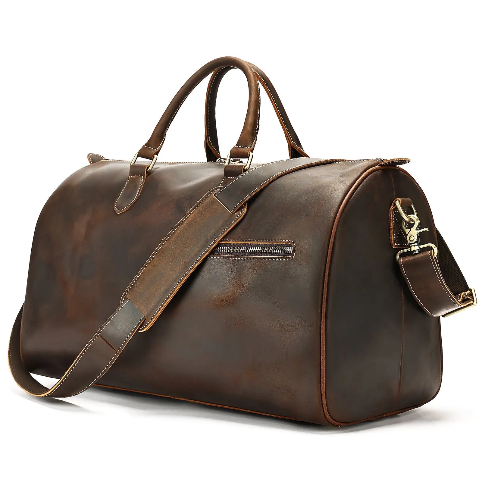 Genuine leather vintage crossbody bag showing 48.3cm width large capacity interior with polyester cotton lining