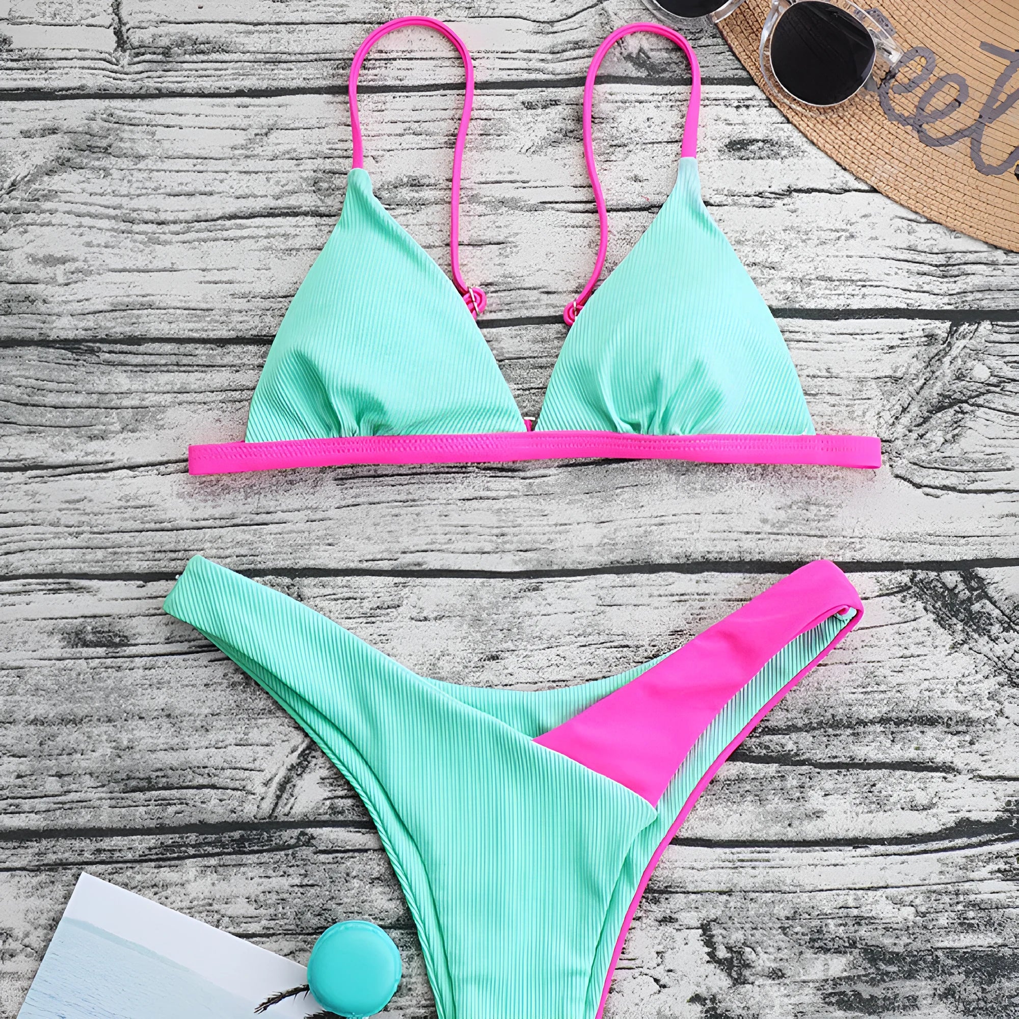 Women's European style nylon swimsuit briefs in pattern designs with bra and panties set