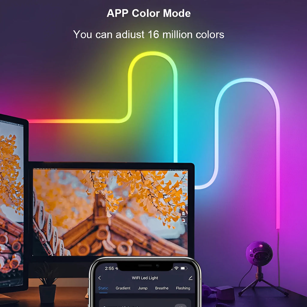 3-metre long flexible RGB LED neon light strip with a remote control on a dark background.