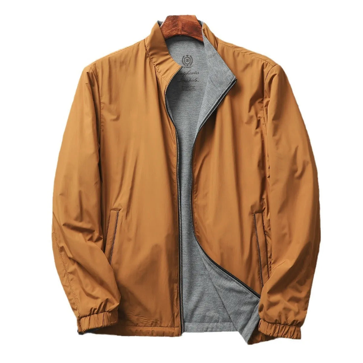 Men's stand collar casual jacket in Army Green, shown on a hanger