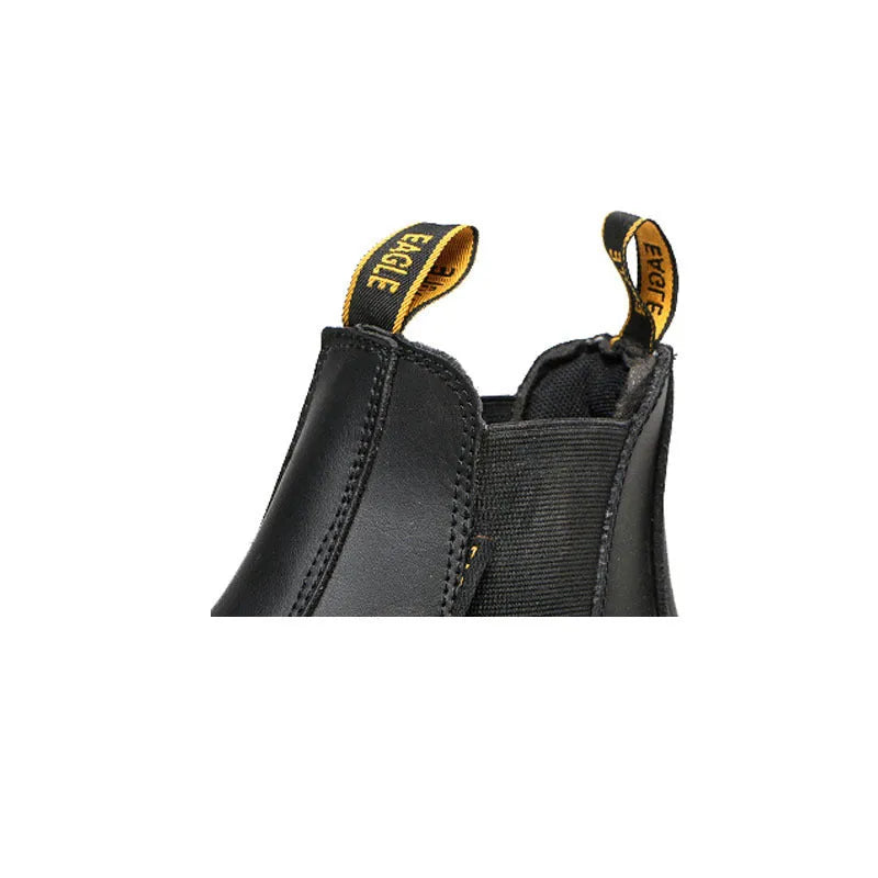 Black leather high-top safety boots with anti-piercing protection shown front and side views