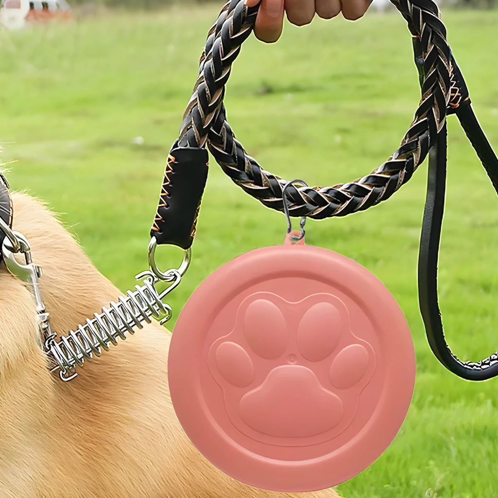 Foldable green and pink portable dog bowl showing open food and water compartments and closed flat profile