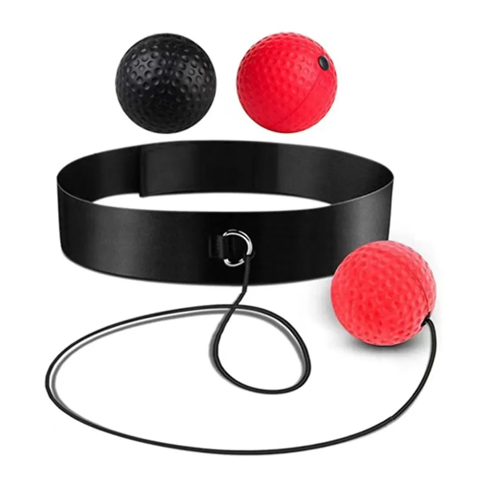 Head-mounted boxing reaction ball training set with adjustable headbands and multiple coloured balls