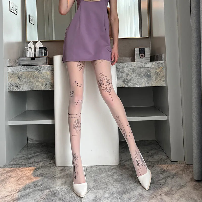 Lotus pattern anti-snagging pantyhose in black, skin colour print, and milky white print options.