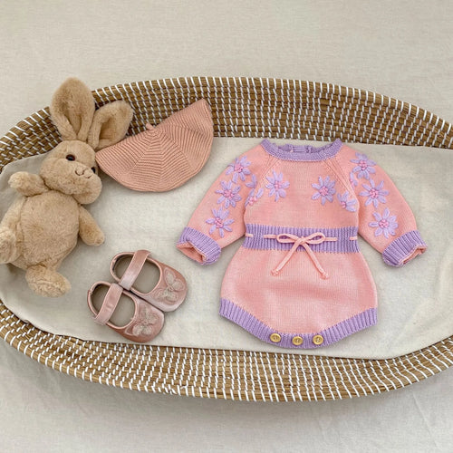 Handmade embroidery long sleeve baby girl jumpsuit in Good Pink cotton, triangle pullover style