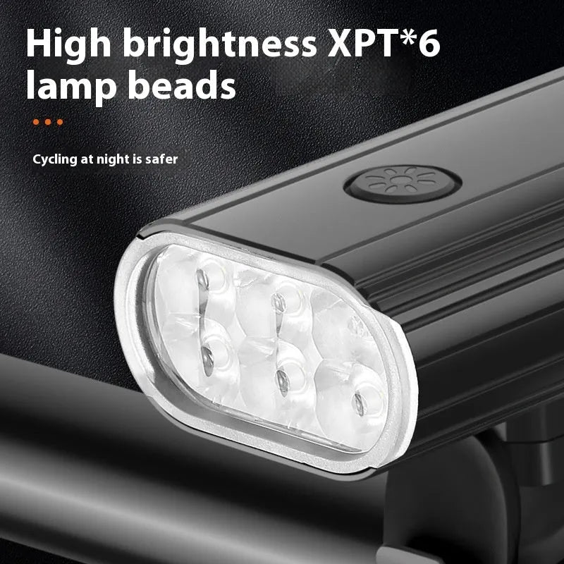 Aluminium alloy bicycle headlight with six XPT beads, USB Type-C port, and quick-release mount.