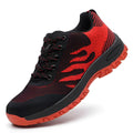 Red low-top protective shoes with a mesh upper and a visible steel toe cap on a white background.