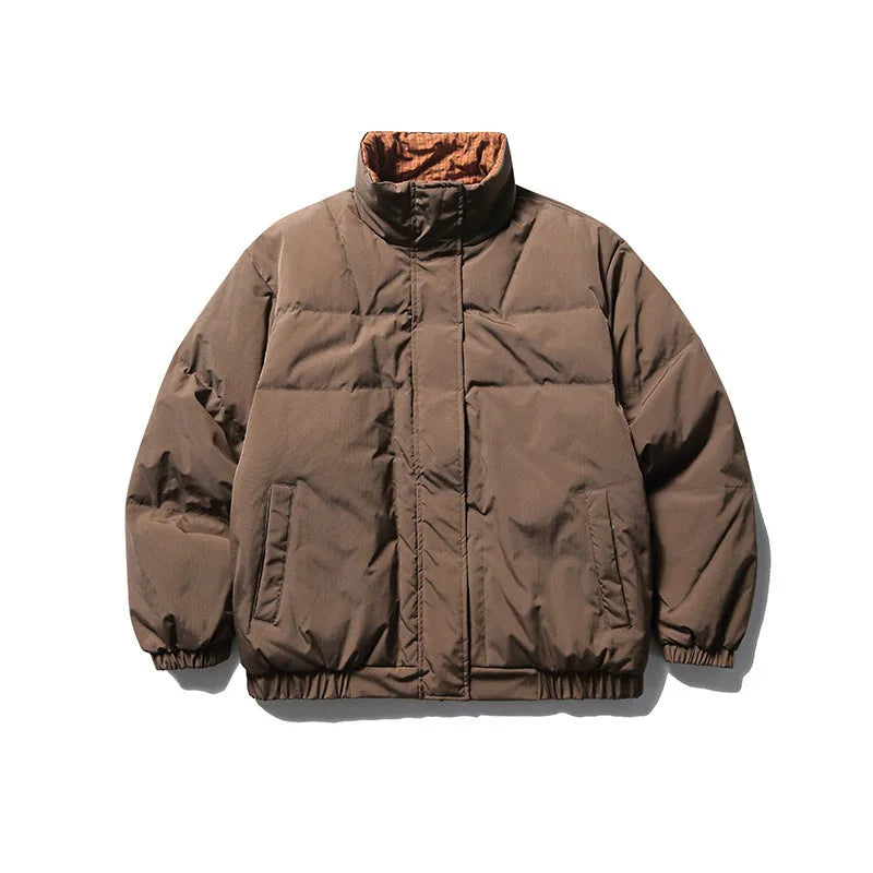 Men's brown reversible down jacket with stand-up collar and hood, medium length 65cm, available in sizes S to XL