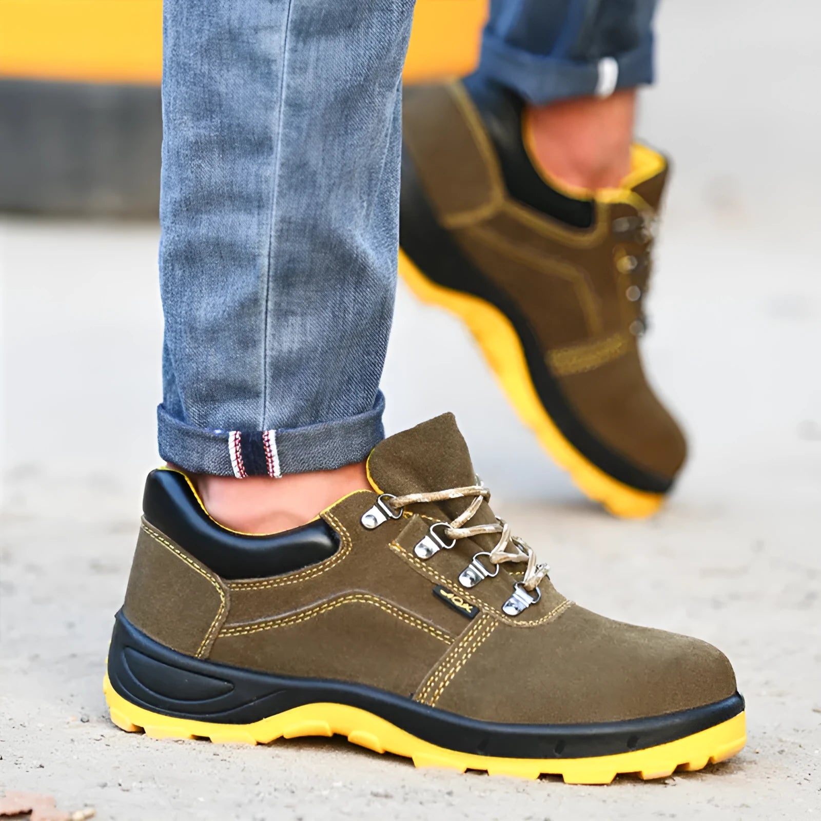 Bronze coloured low-cut leather safety boots with a steel toe cap and textured anti-skid sole.