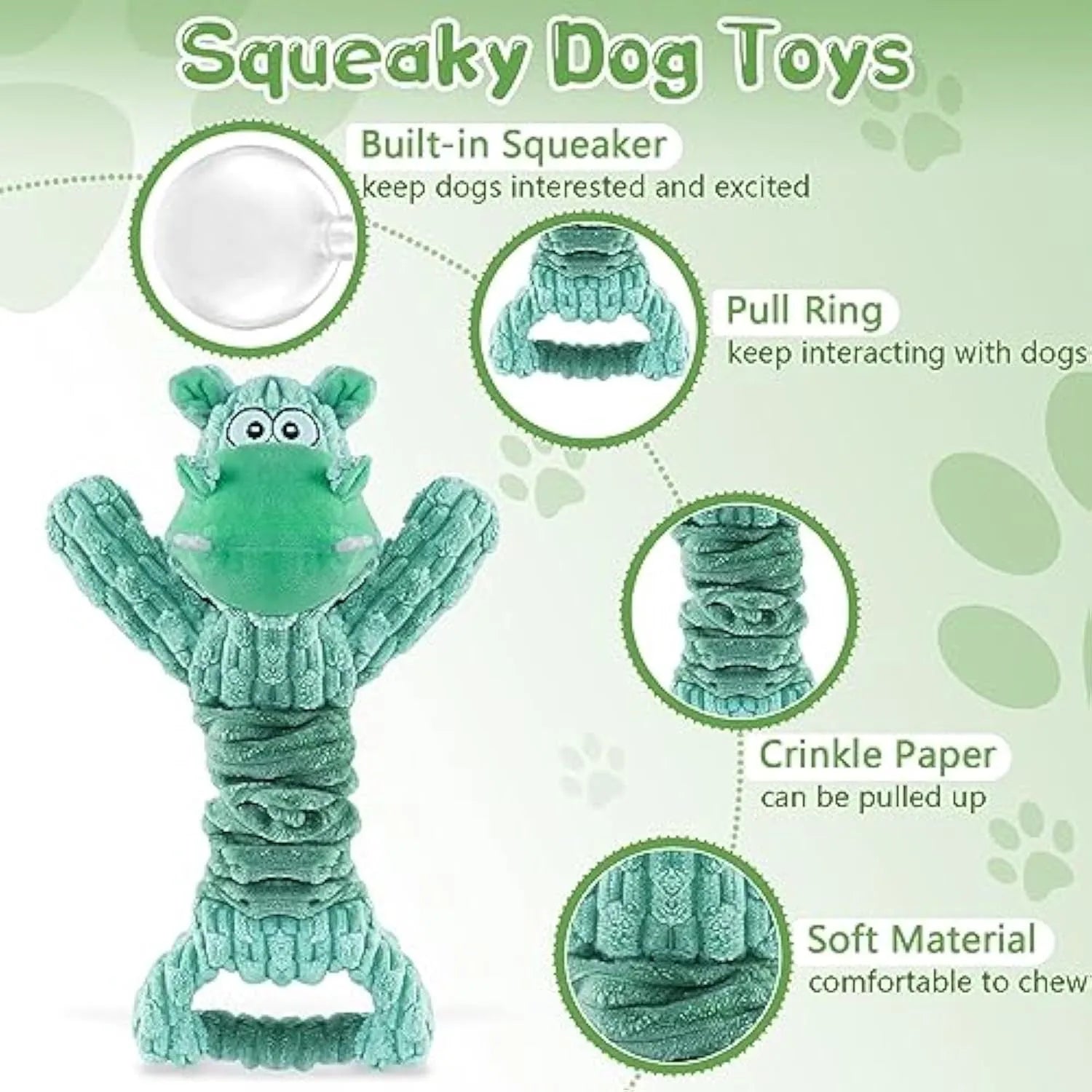 Hippo-shaped plush dog toy with a central handle, shown next to a monkey-shaped version.