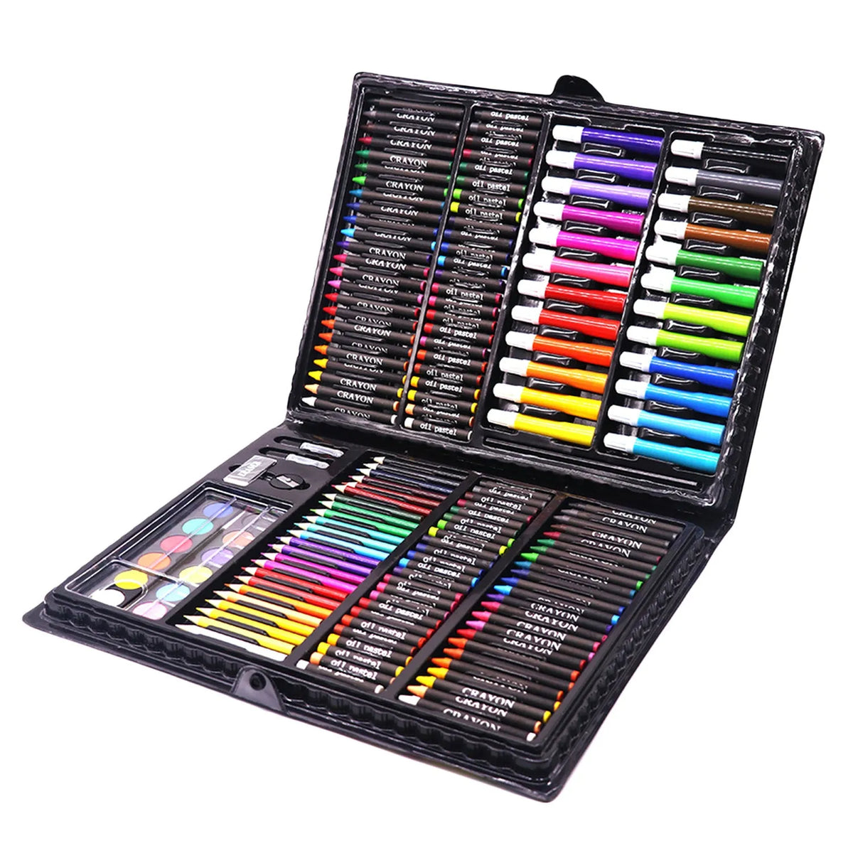 168-piece watercolour pen, oil pastel, and brush painting set in a plastic case, shown in black or pink