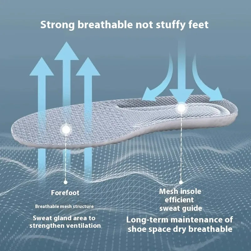 Grey, black, and orange breathable PU sports insoles shown on a size guide from 35 to 46.