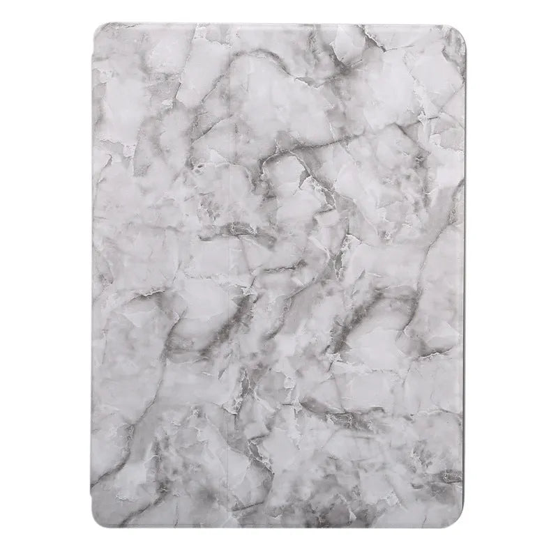 Tri-fold marbling design iPad case with pen slot in multiple colour options showing plane housing position