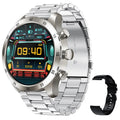 Black Bluetooth smart watch with touch screen displaying heart rate, on a grey silicone strap.