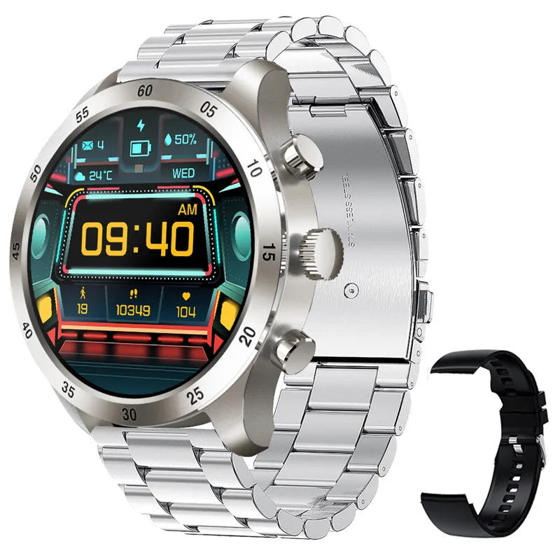 Black Bluetooth smart watch with touch screen displaying heart rate, on a grey silicone strap.