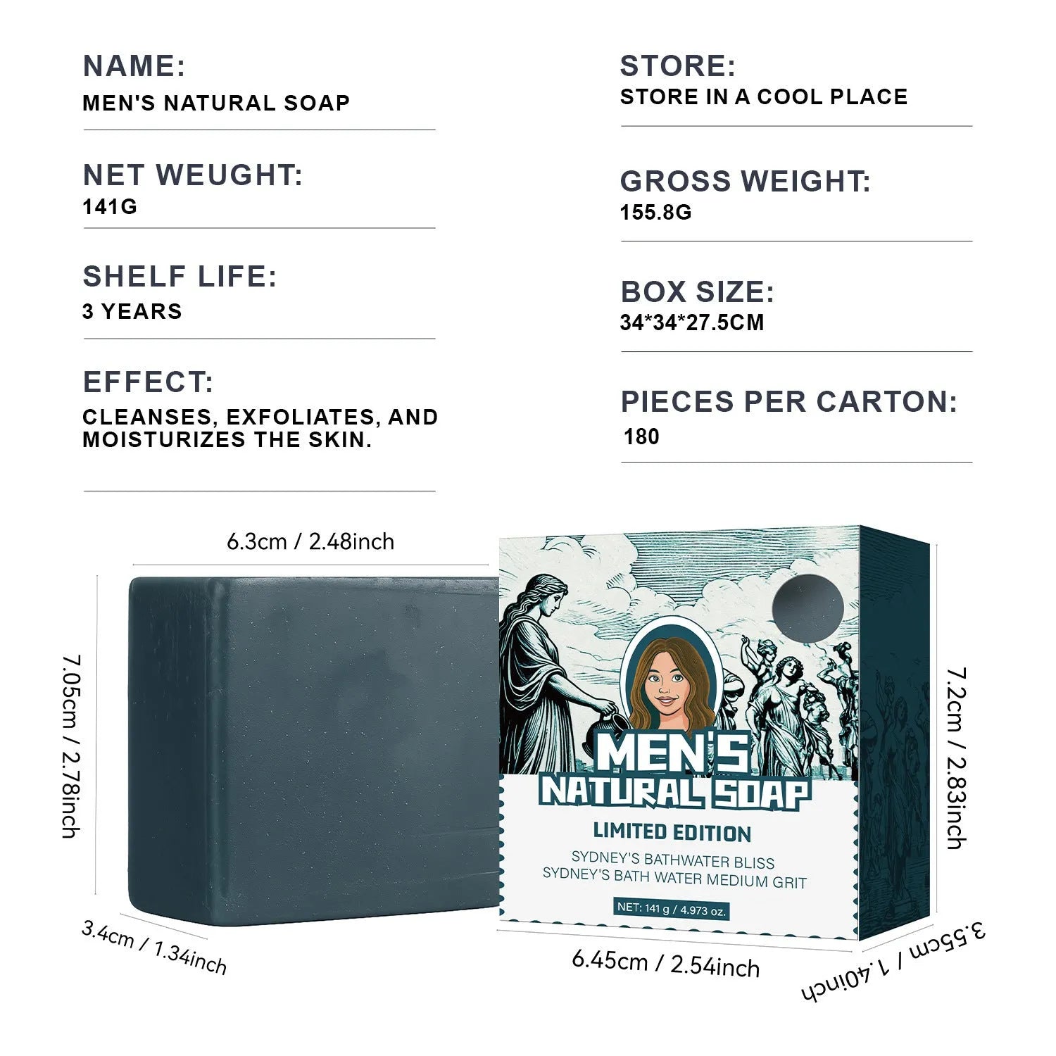 Men's natural soap bar 141g with lasting fragrance for face and body, 62.5x29x70 mm