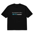 Man's black loose-fit t-shirt featuring a colourful 3D digital cartoon print on the front.