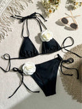 Black 3D flower lace bikini swimsuit with drawstring details and backless design