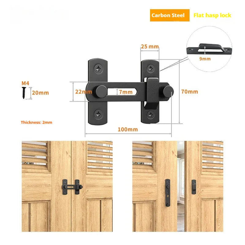Black carbon steel warehouse hook lock with stainless steel components for sliding doors at 90-degree angle