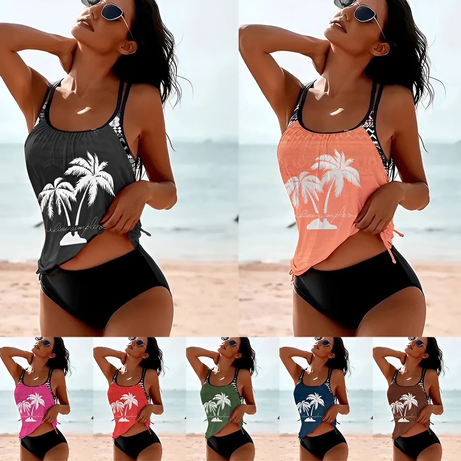 Women's loose fit tangini bikini briefs in various colours on a size chart background.