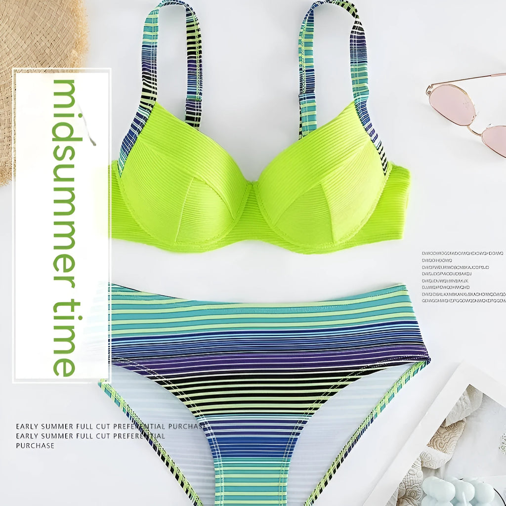 Women's green printed halter bikini set with split briefs in polyester fabric