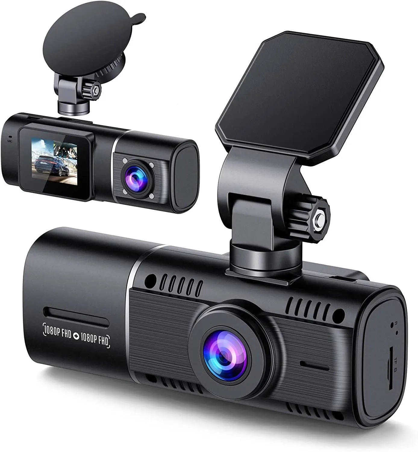 Black dual-lens dashboard camera with 1.5-inch screen mounted on car windscreen suction stand.