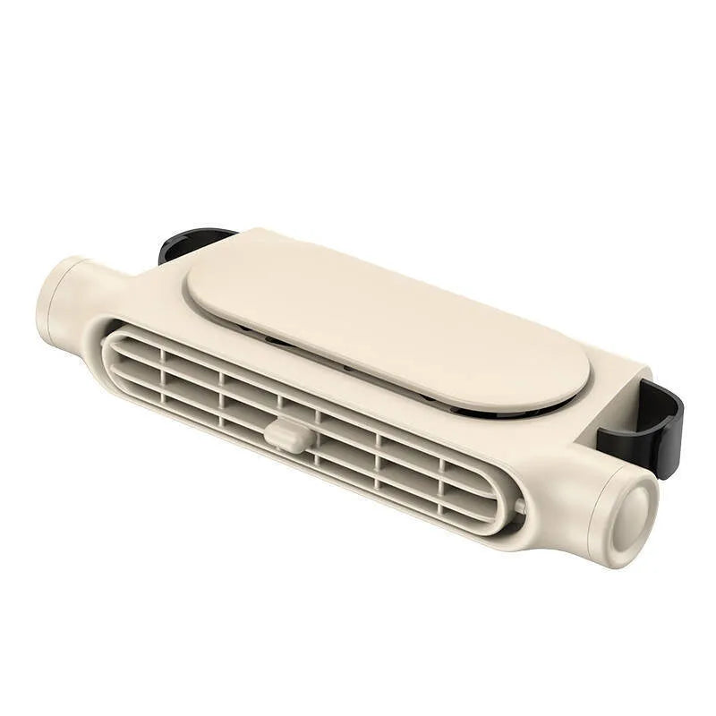 Creative New bladeless car fan with Velcro straps mounted on a car seat headrest.