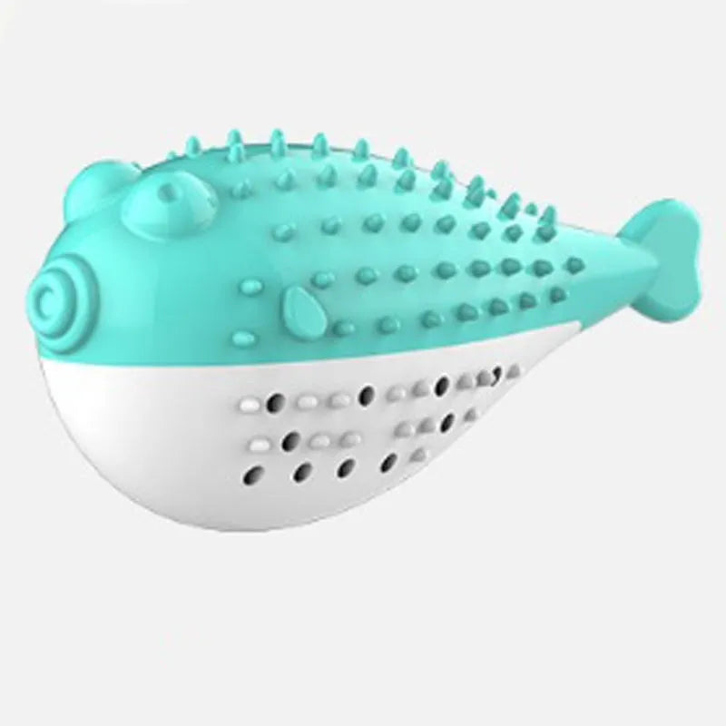 Blue silicone fish-shaped chew toy for cats on a white background.