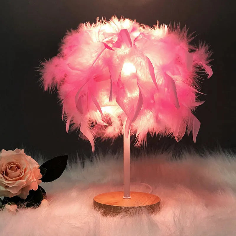 LED feather table lamp with wooden art base, USB cable, and about 26cm by 100mm size