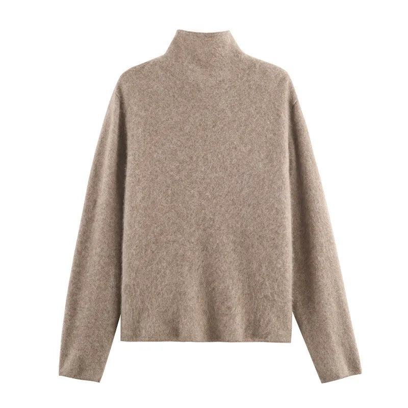 Khaki Korean-style casual high-neck pullover cardigan with stripe colour block and patchwork splicing for women