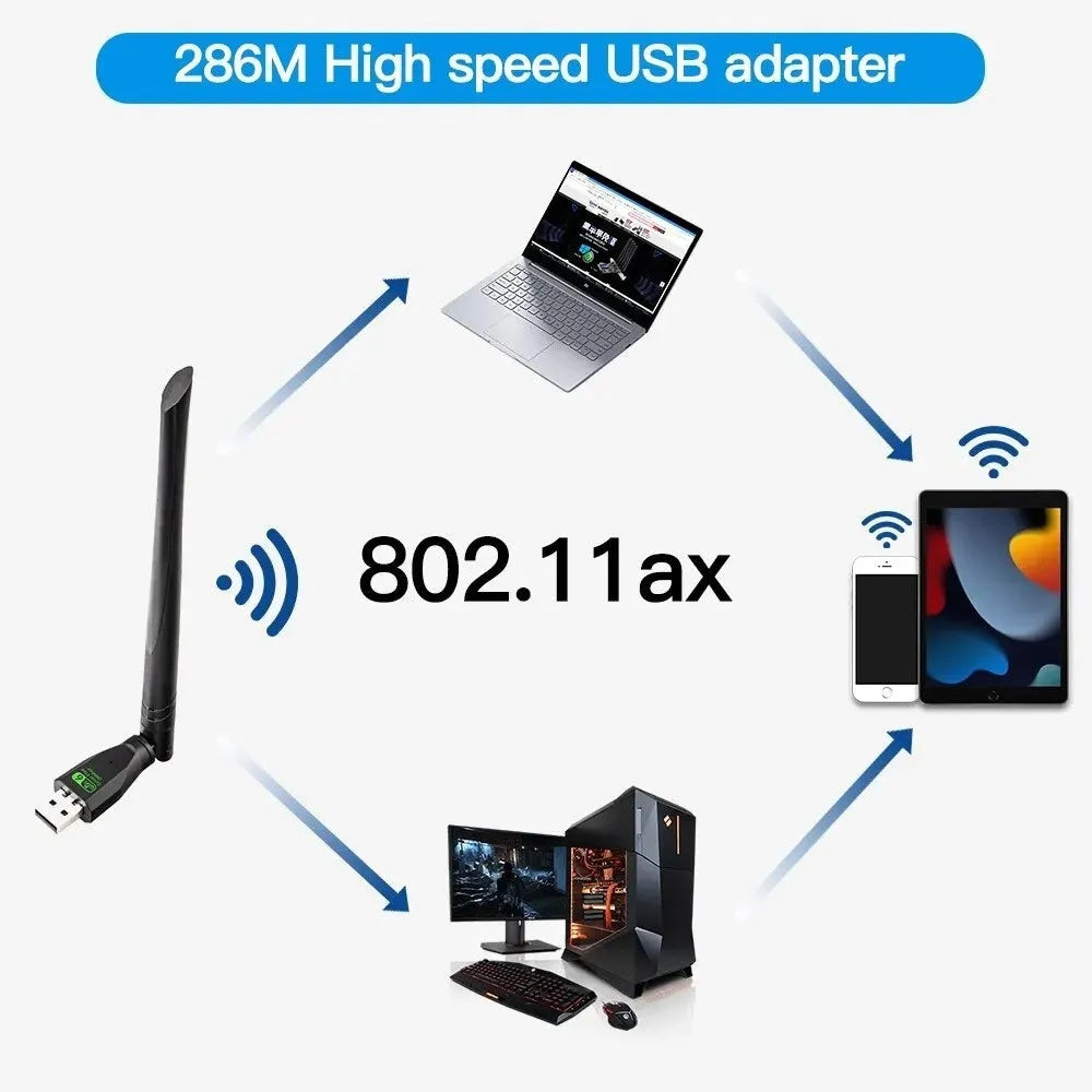 Black USB WiFi 6 wireless network card with integrated driver for desktop and laptop computers.
