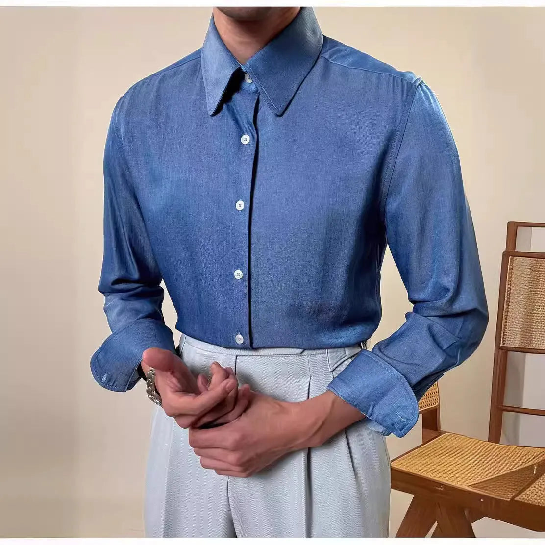 Men's round collar long sleeve shirt in slim fit available in light and dark blue colours