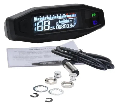 Black motorcycle LCD speedometer with oil gauge, tachometer, and odometer on a 103x25mm screen.