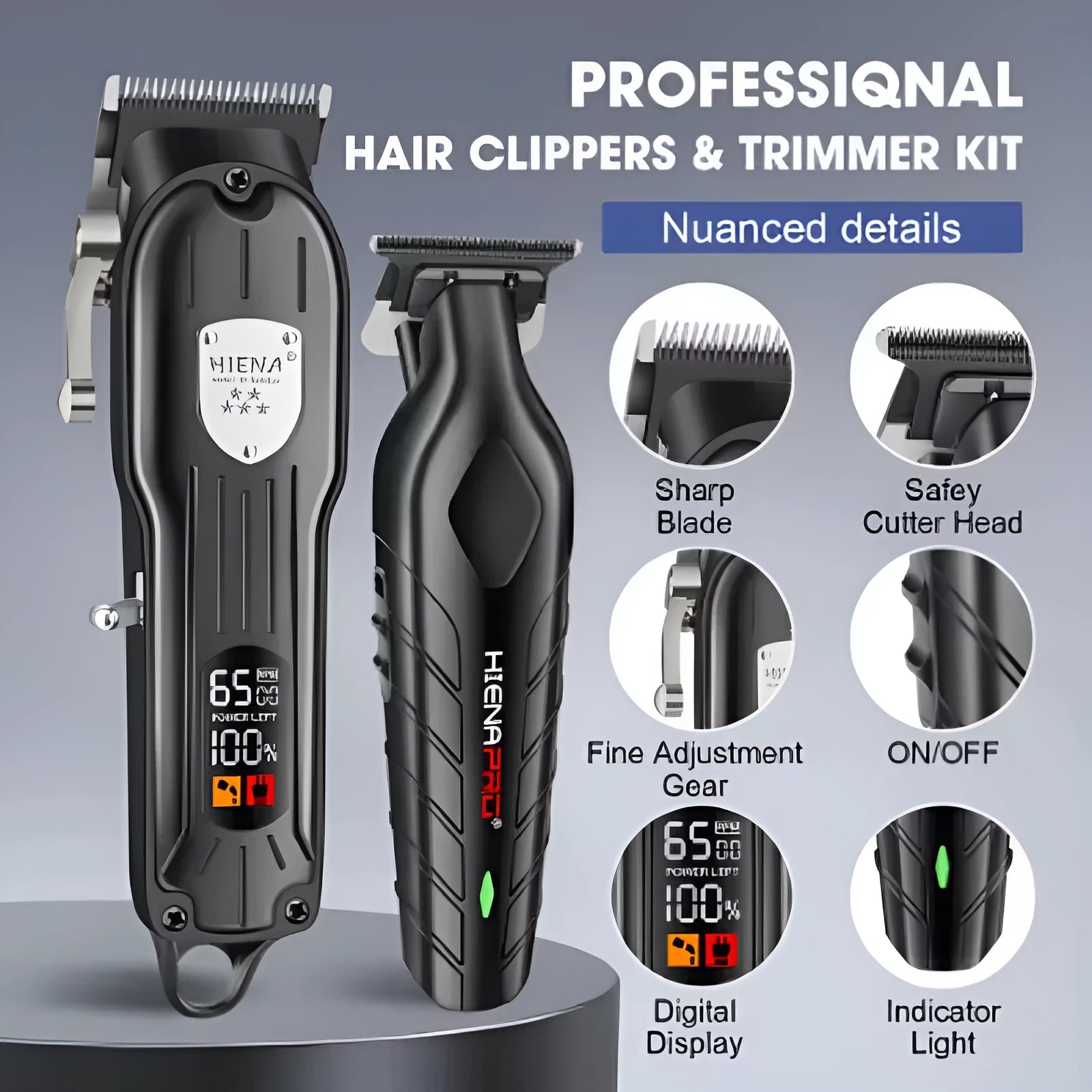 Black professional hair clipper set with aluminum foil shaver attachment and LED display