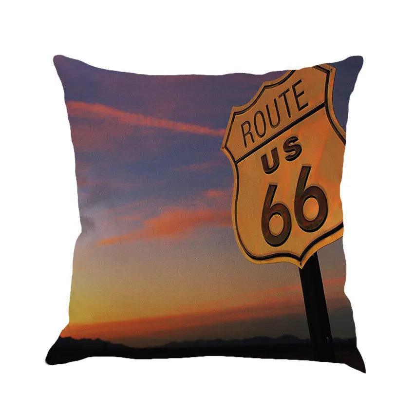 Route 66 landscape pattern linen cushion cover 45x45cm in cotton linen blend