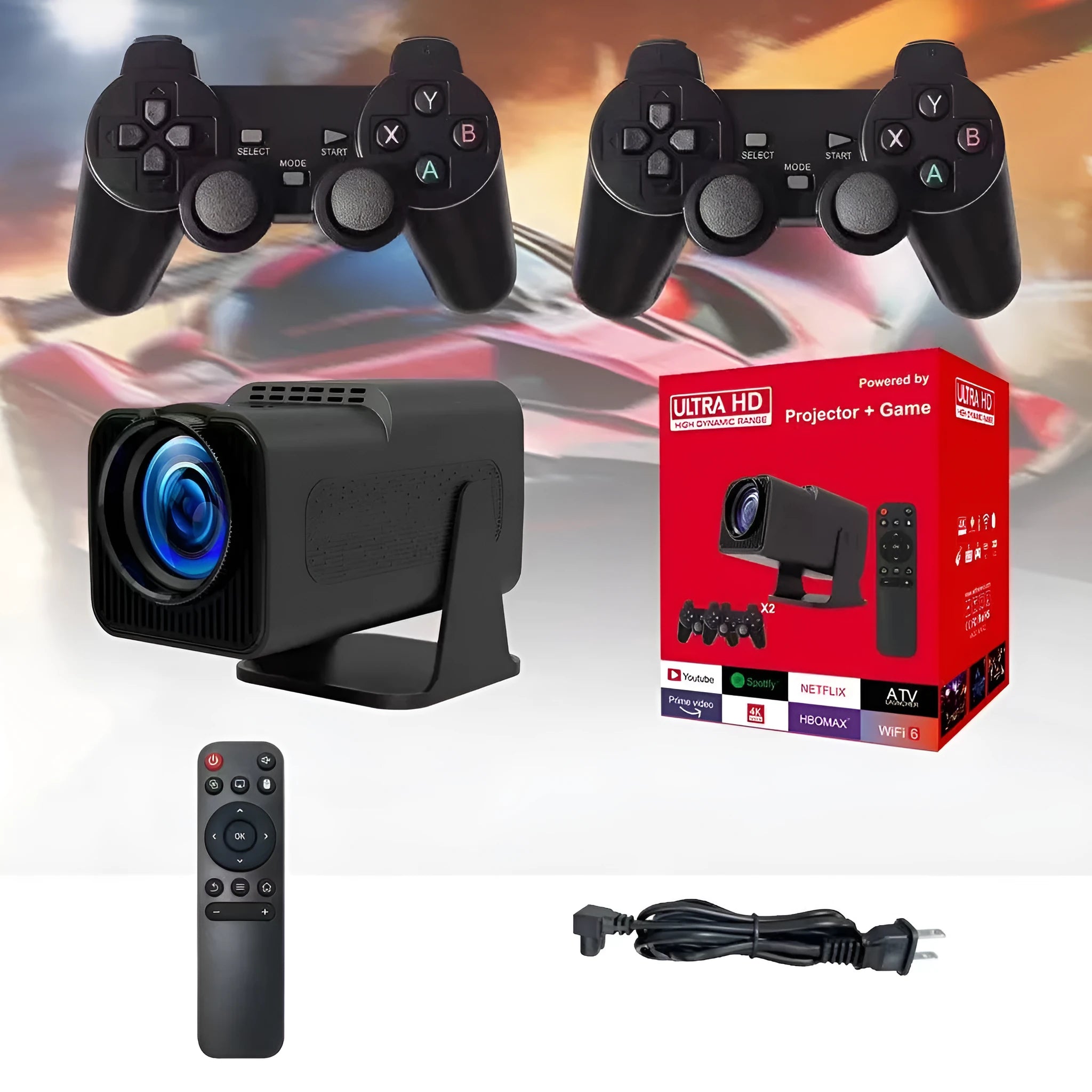 A wireless home projector with a handheld remote on a table, set up for big-screen gaming or movie viewing.