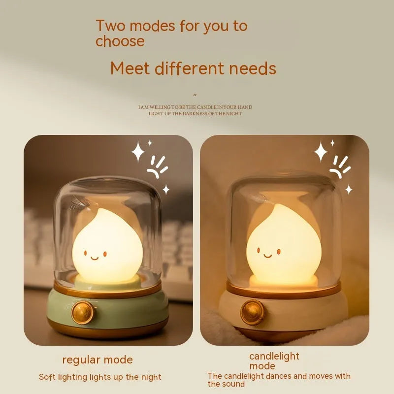 Retro USB rechargeable LED night lamp in green or yellow with dimming and candlelight mode, 100 x 108 x 124 mm.