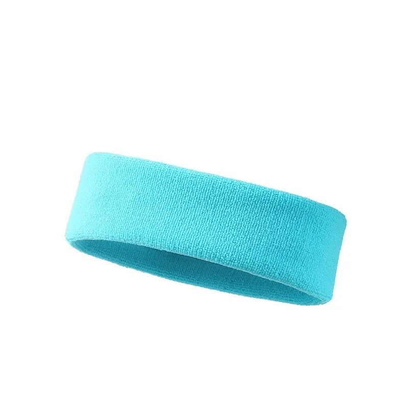 Elastic anti-sweat sports headband in solid colours: black, red, blue, rose red, and sky blue.