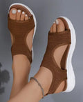 Women's flyknit hollow peep-toe Roman sandals in grey, PU upper with fish mouth toe, low-top slip-on design